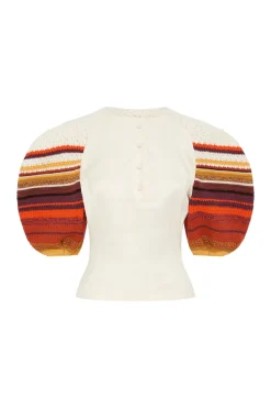 Elira Crochet Puff Sleeve Top in Ivory Textured Linen Slub