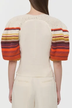 Elira Crochet Puff Sleeve Top in Ivory Textured Linen Slub