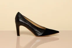 Empress High Heel Stiletto Pump in Black Snakeskin & Leather