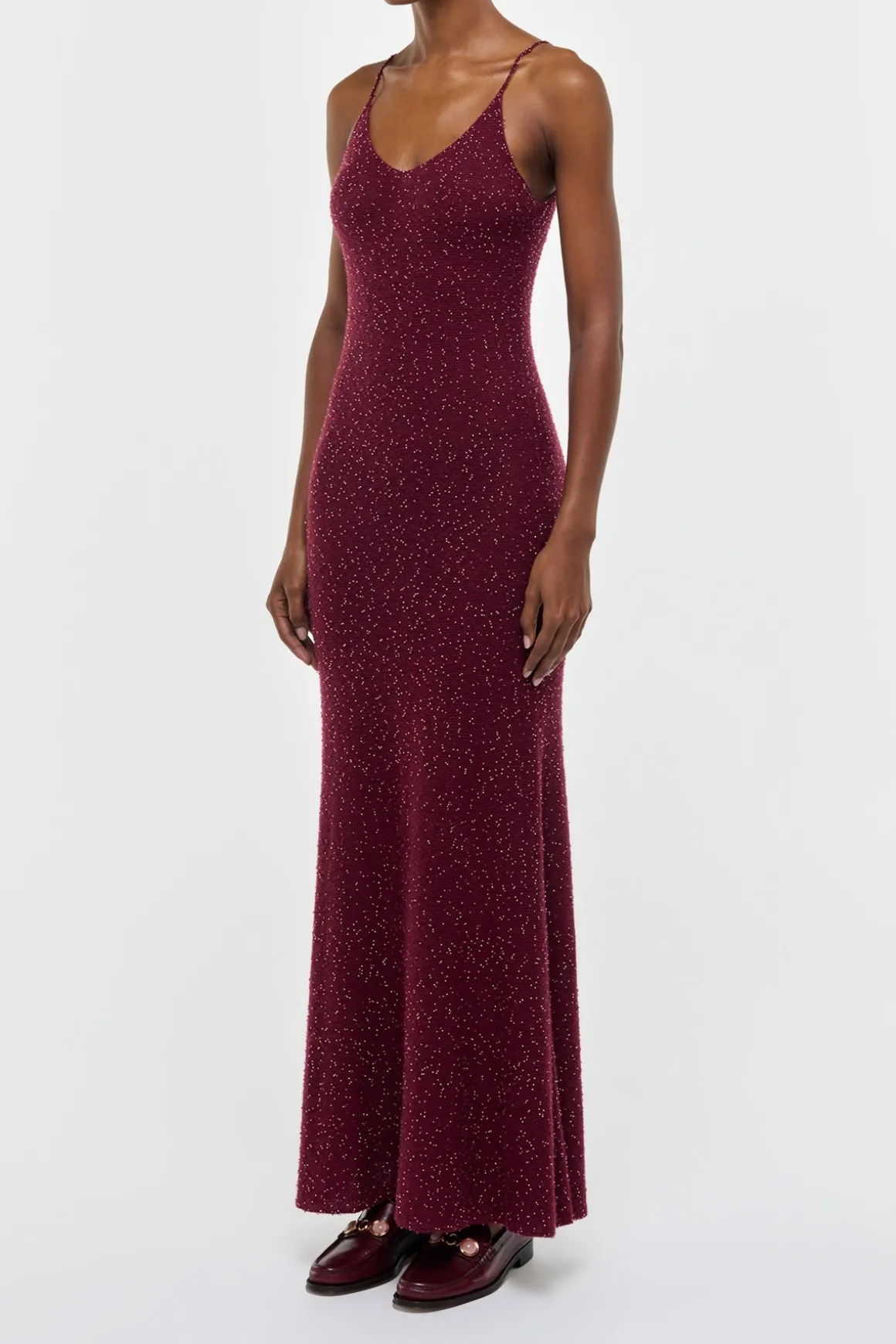 Florian Knit Maxi Slip Dress in Bordeaux Beaded Cashmere Silk