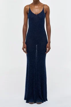Florian Knit Maxi Slip Dress in Electric Navy Beaded Cashmere Silk