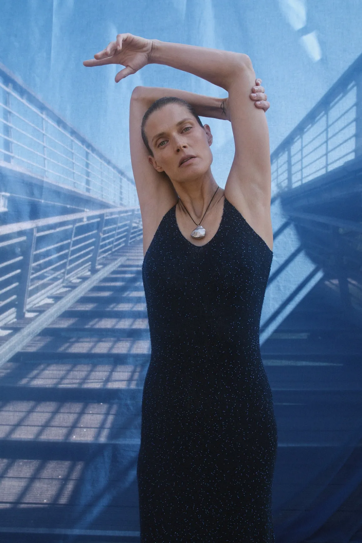 Florian Knit Maxi Slip Dress in Electric Navy Beaded Cashmere Silk