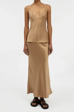 Frei Maxi Skirt in Camel Silk Satin