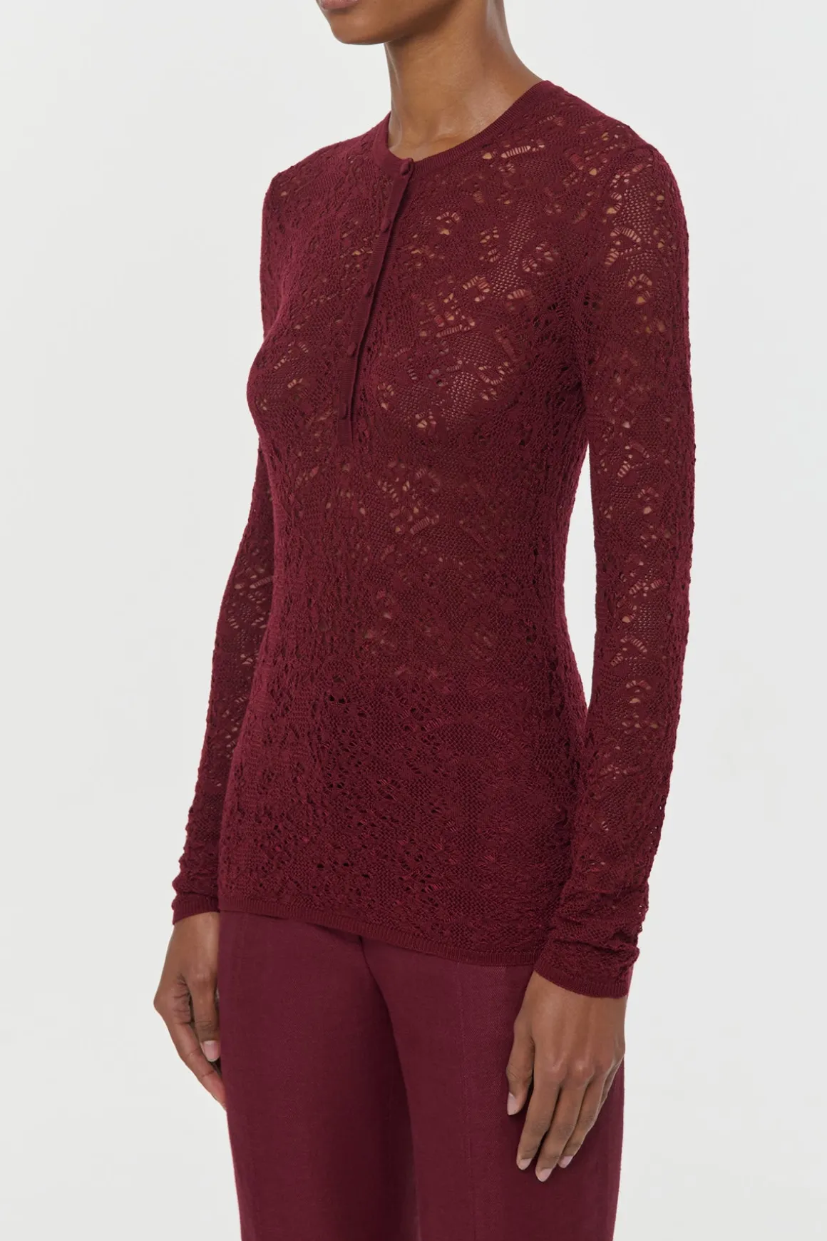 Gaviran Lace Knit Henley in Bordeaux Merino Wool