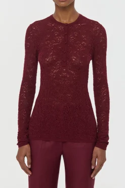 Gaviran Lace Knit Henley in Bordeaux Merino Wool