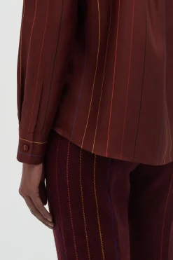 Henri Blouse in Burnt Sienna Multi Pinstripe Silk Twill