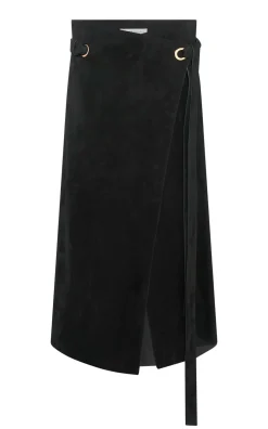 Idalia Wrap Midi Skirt in Black Suede
