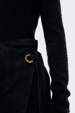 Idalia Wrap Midi Skirt in Black Suede
