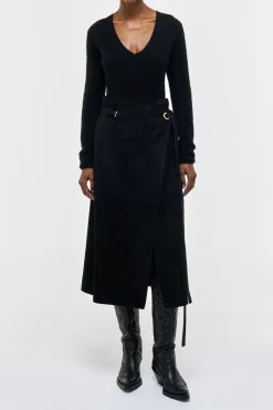Idalia Wrap Midi Skirt in Black Suede