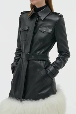 Isak Trench Coat in Black Soft Leather & Ivory Cashmere Shearling