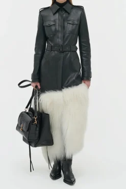 Isak Trench Coat in Black Soft Leather & Ivory Cashmere Shearling