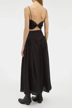 Juniper Maxi Pleated Skirt in Black Aloe Linen
