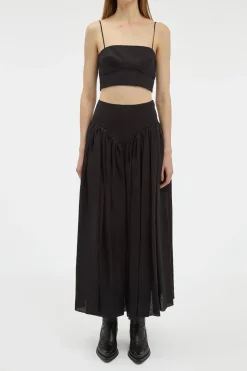 Juniper Maxi Pleated Skirt in Black Aloe Linen