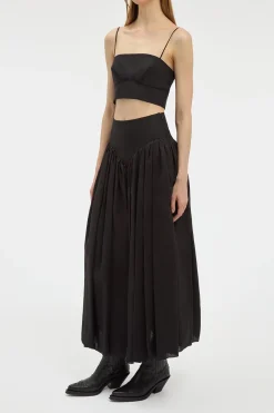 Juniper Maxi Pleated Skirt in Black Aloe Linen