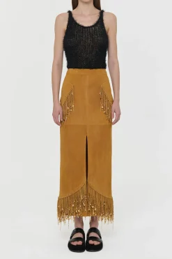 Kalyan Fringe Maxi Skirt in Cashew Suede with Charms