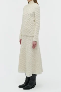 Kanta Fringe Knit Midi Skirt in Ivory Cashmere