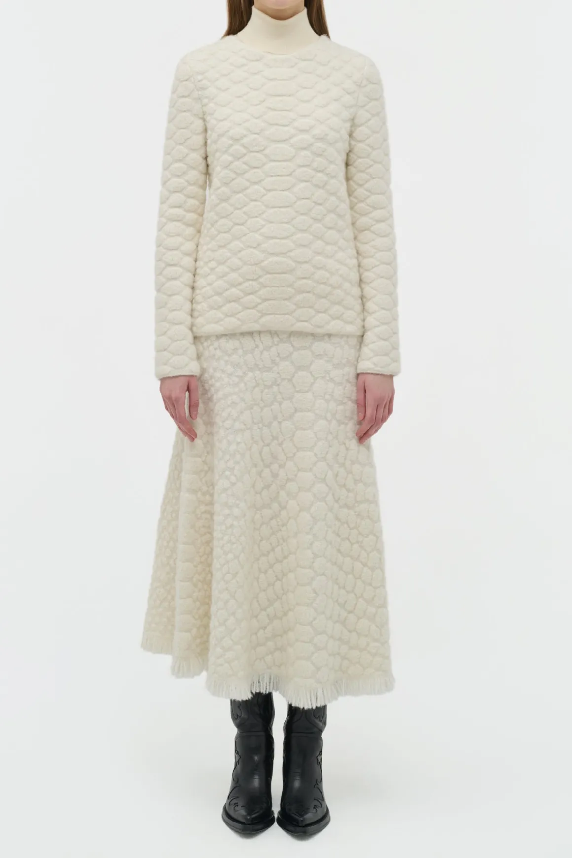Kanta Fringe Knit Midi Skirt in Ivory Cashmere