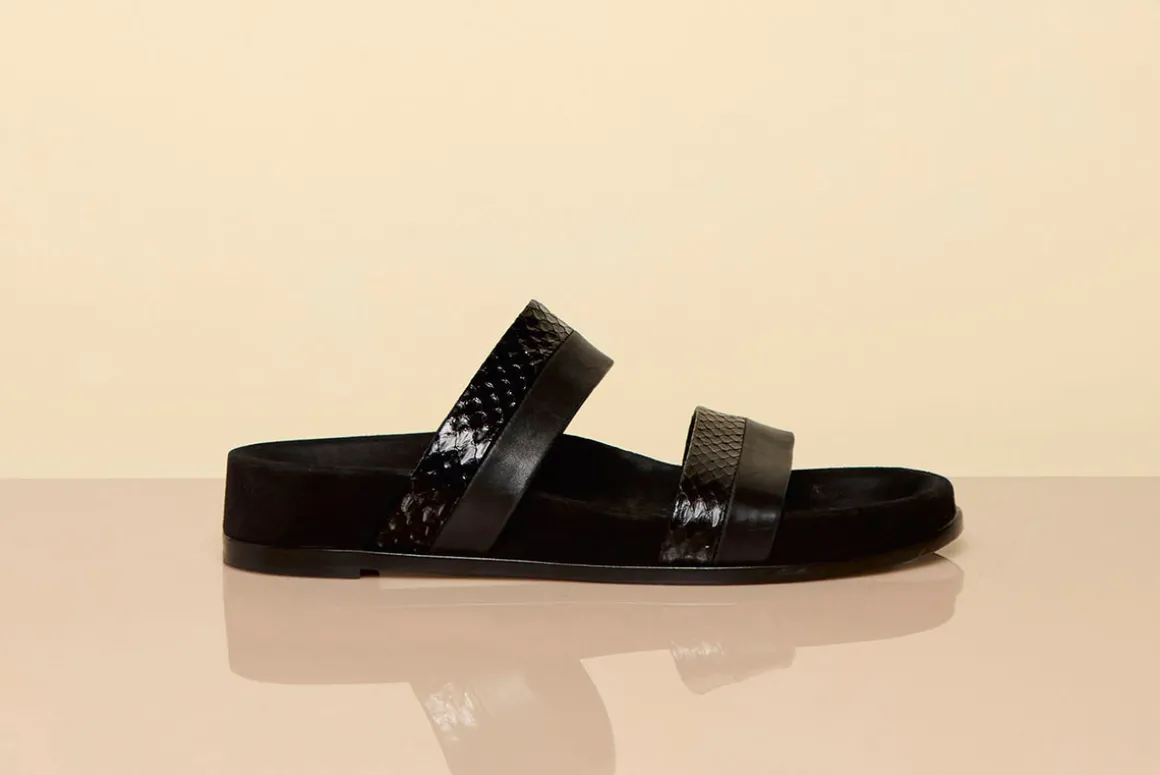 Low Striker Flat Sandal in Black Snakeskin & Nappa Leather