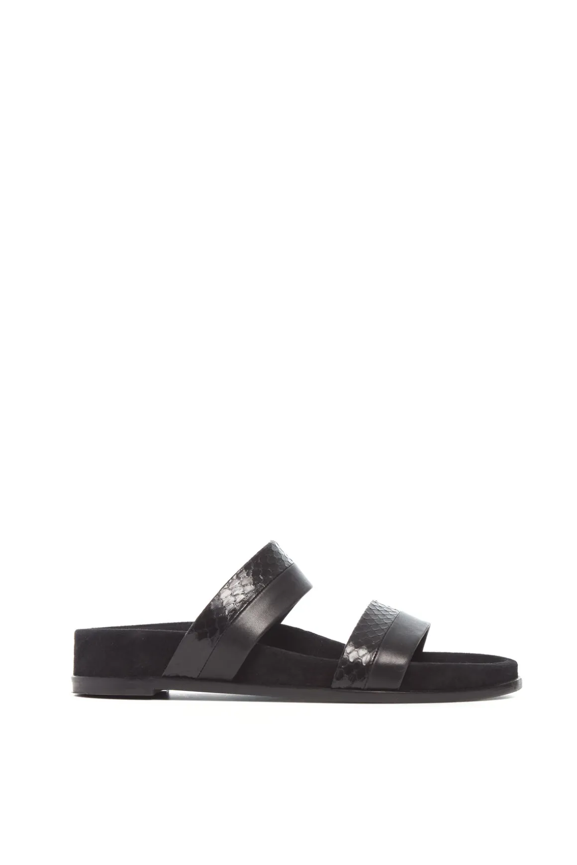 Low Striker Flat Sandal in Black Snakeskin & Nappa Leather