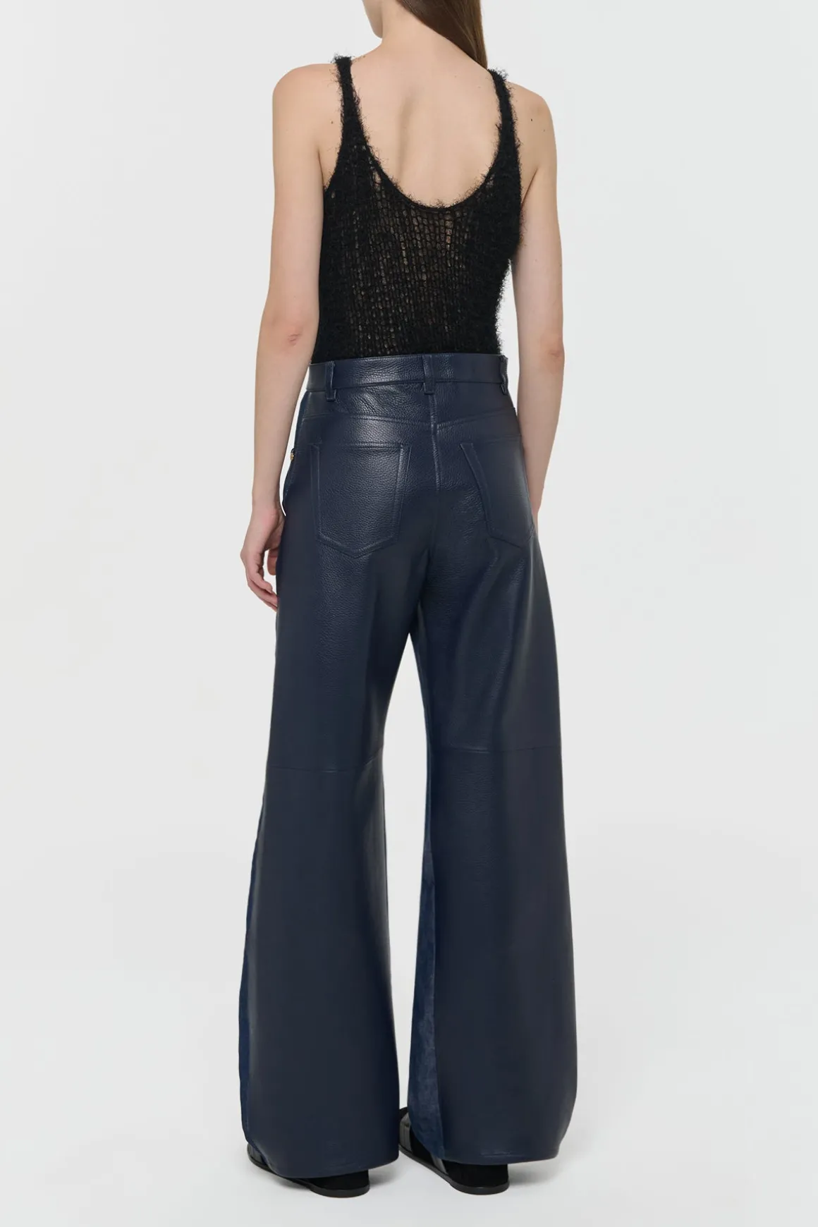 Lucian Barrel-leg Jean in Indigo Blue Recycled Cotton Linen Denim & Textured Leather
