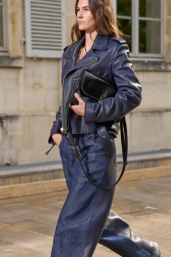 Lucian Barrel-leg Jean in Indigo Blue Recycled Cotton Linen Denim & Textured Leather