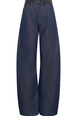 Lucian Barrel-leg Jean in Indigo Blue Recycled Cotton Linen Denim & Textured Leather