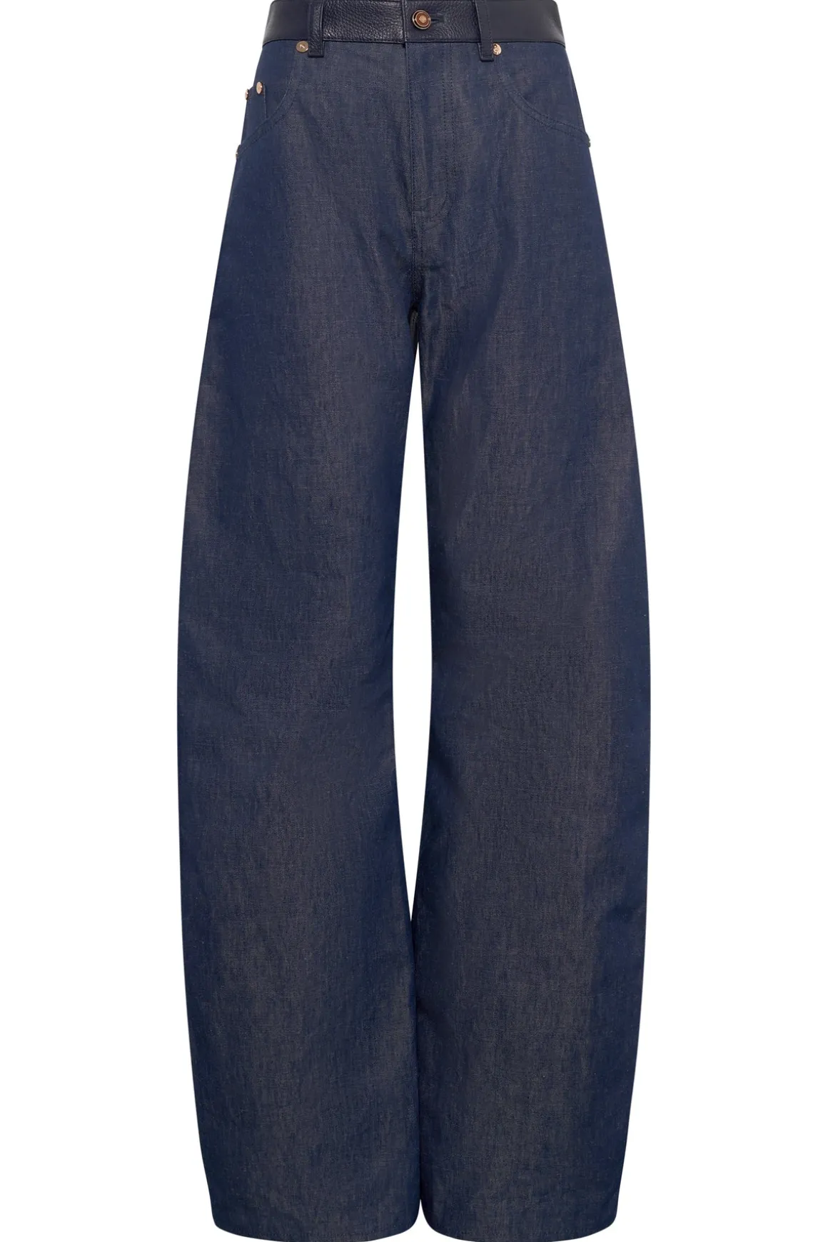Lucian Barrel-leg Jean in Indigo Blue Recycled Cotton Linen Denim & Textured Leather