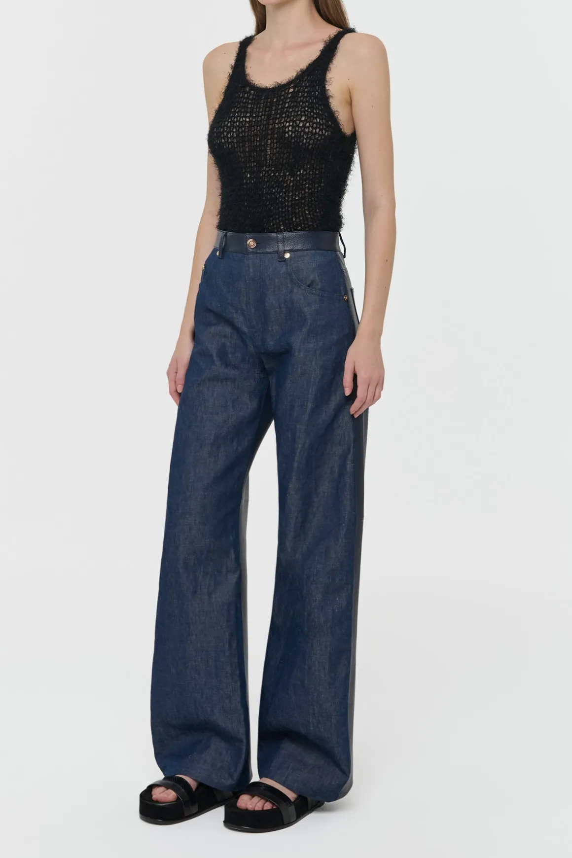 Lucian Barrel-leg Jean in Indigo Blue Recycled Cotton Linen Denim & Textured Leather