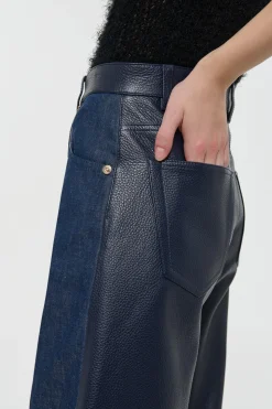 Lucian Barrel-leg Jean in Indigo Blue Recycled Cotton Linen Denim & Textured Leather