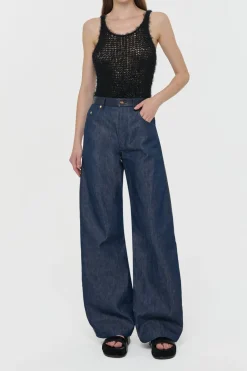 Lucian Barrel-leg Jean in Indigo Blue Recycled Cotton Linen Denim & Textured Leather