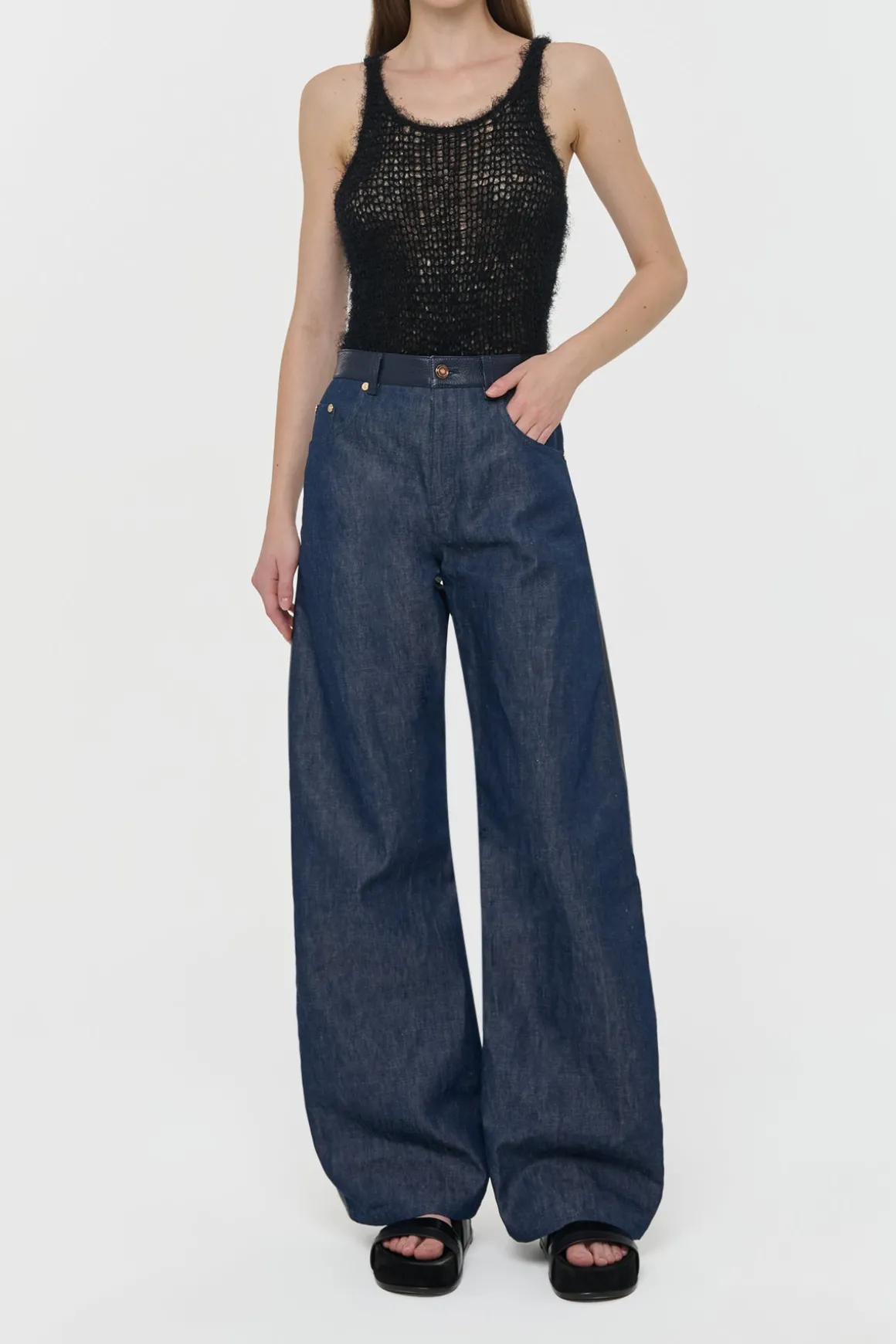 Lucian Barrel-leg Jean in Indigo Blue Recycled Cotton Linen Denim & Textured Leather