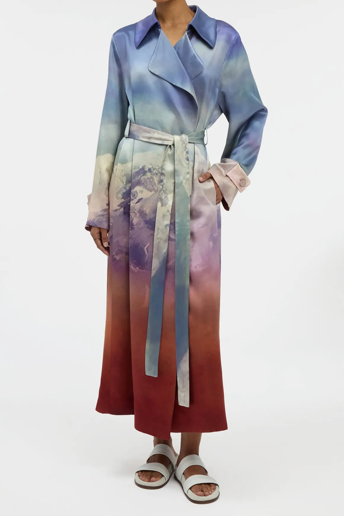 Lyra Trench Coat in Mountain Printed Satin Silk Twill