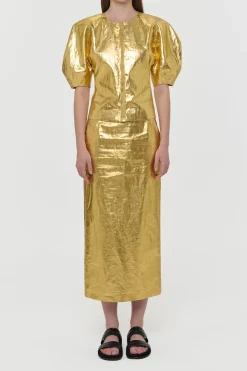 Manuela Midi Skirt in Metallic Gold Linen Twill