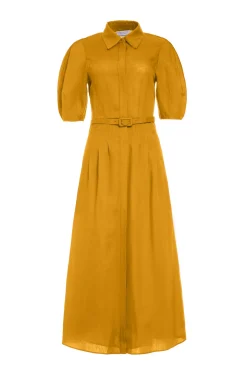 Maude Pleated Midi Shirtdress in Golden Birch Aloe Linen