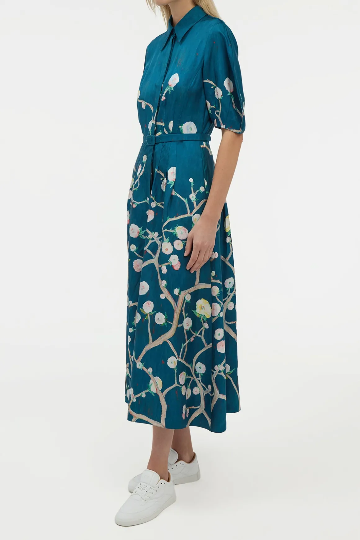 Maude Pleated Midi Shirtdress in Blue Multi Printed Silk Twill