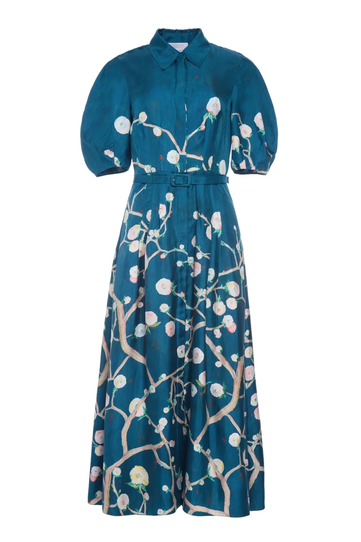 Maude Pleated Midi Shirtdress in Blue Multi Printed Silk Twill