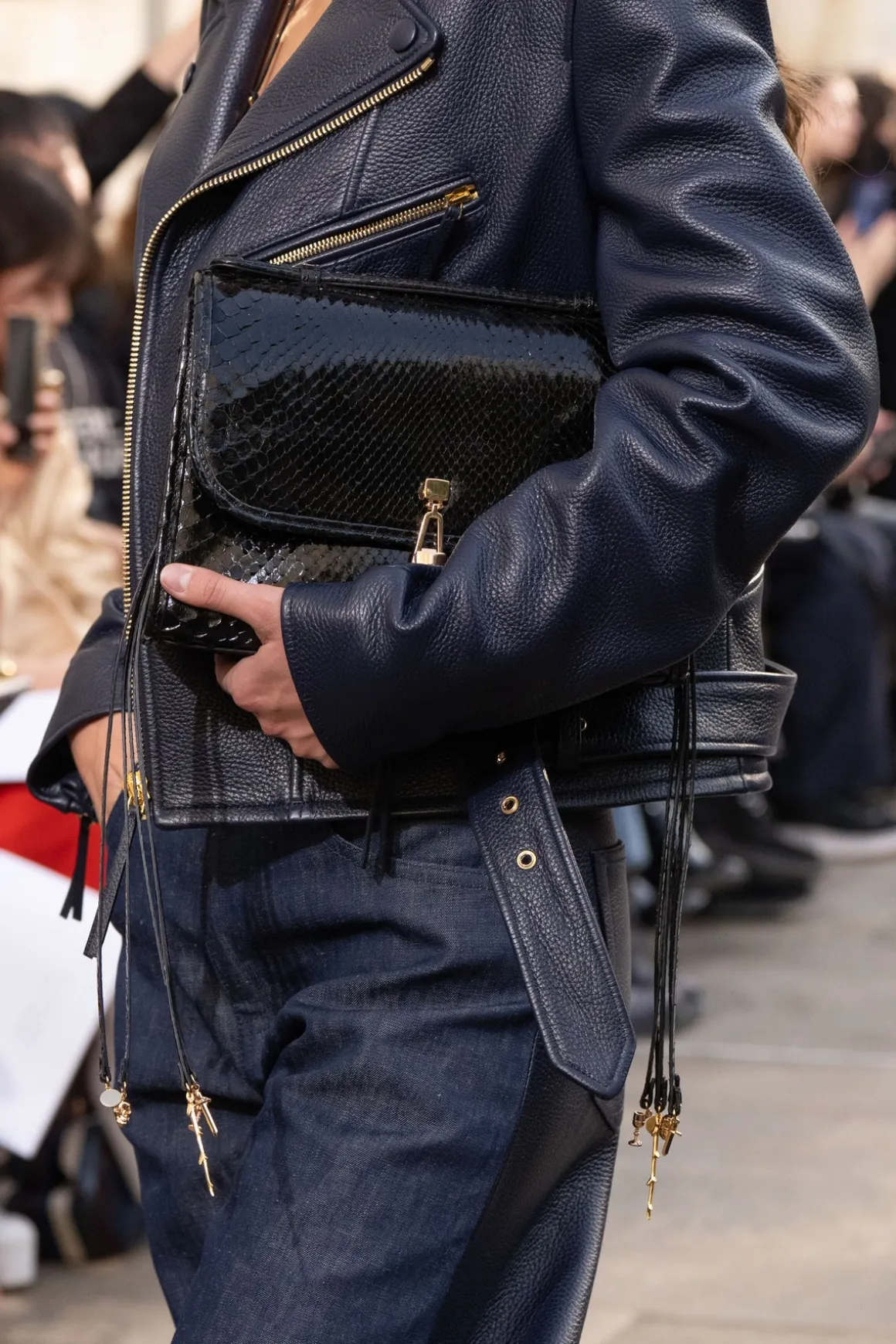 Medium Leonora Flap Bag in Black Snakeskin