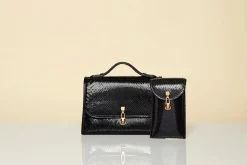 Medium Leonora Flap Bag in Black Snakeskin
