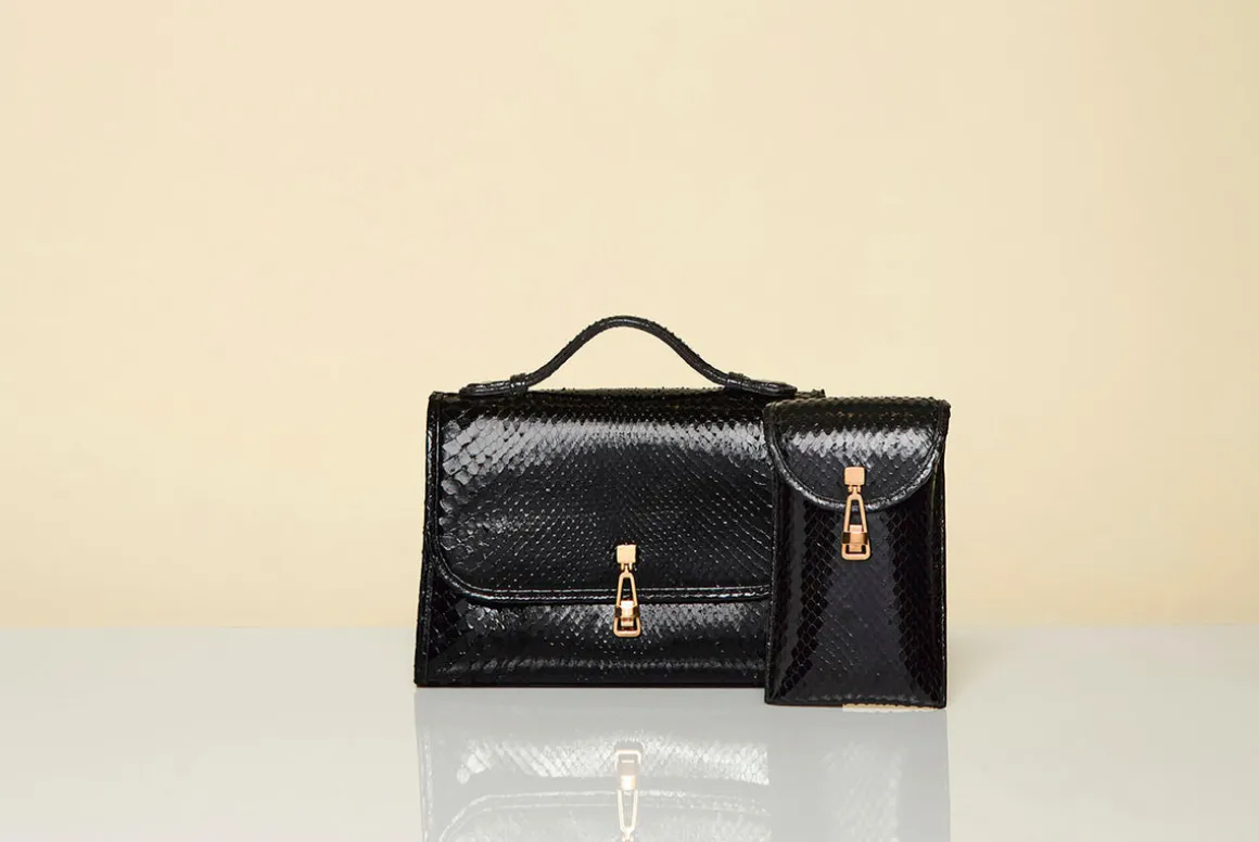 Medium Leonora Flap Bag in Black Snakeskin