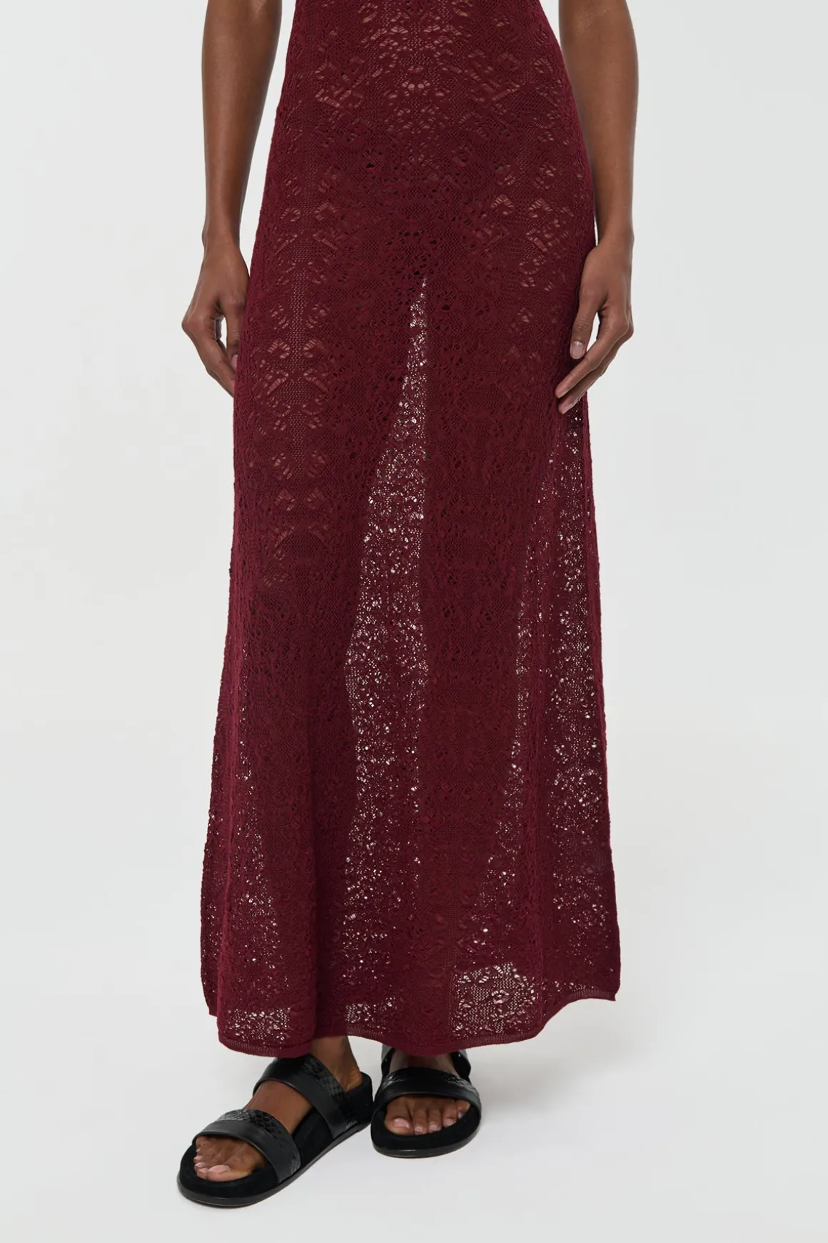 Meridian Lace Knit Maxi Dress in Bordeaux Merino Wool with Lining