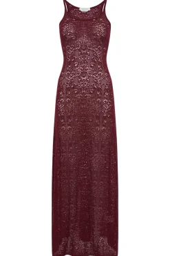 Meridian Lace Knit Maxi Dress in Bordeaux Merino Wool with Lining