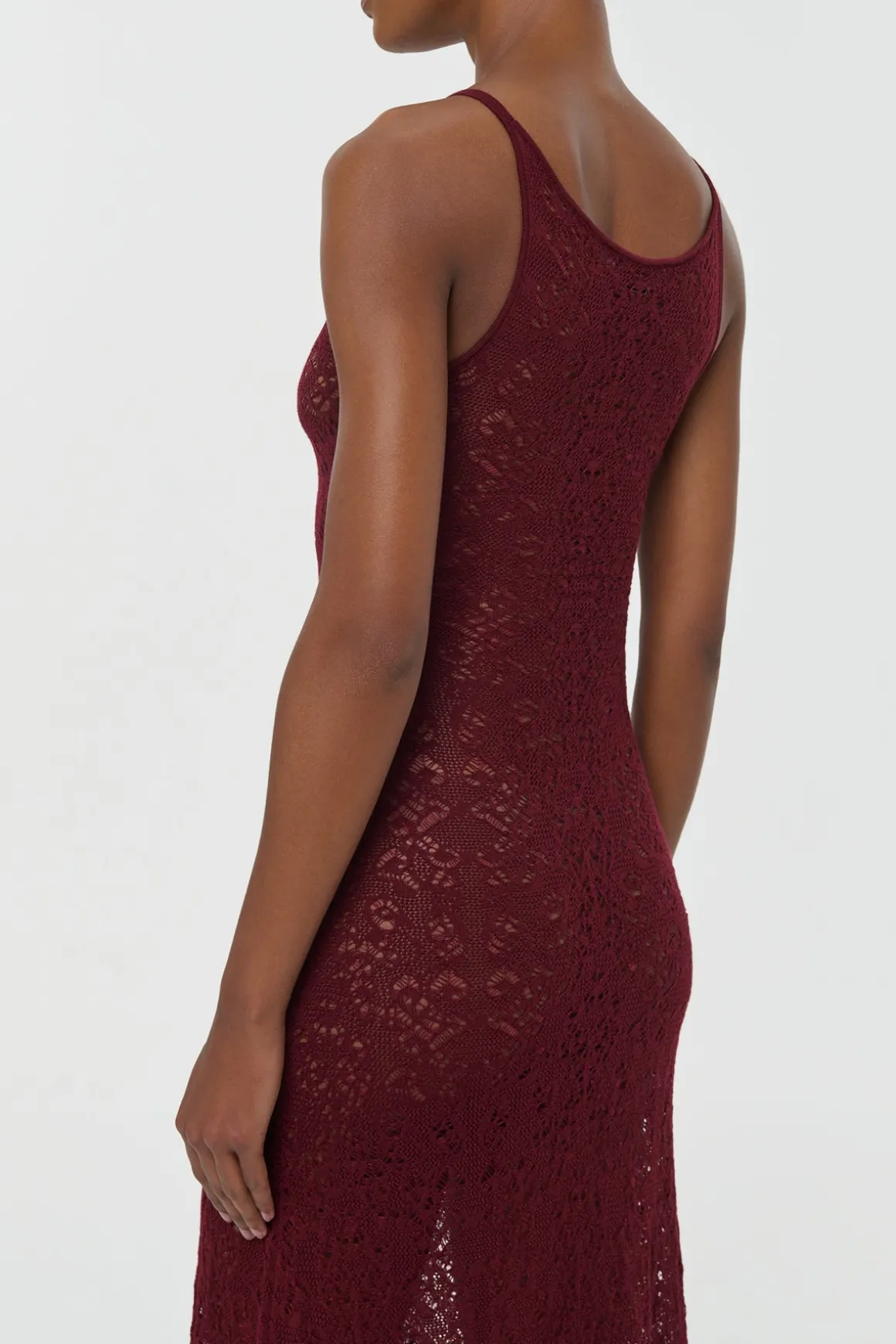 Meridian Lace Knit Maxi Dress in Bordeaux Merino Wool with Lining