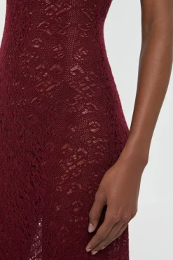 Meridian Lace Knit Maxi Dress in Bordeaux Merino Wool with Lining