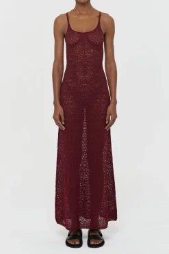 Meridian Lace Knit Maxi Dress in Bordeaux Merino Wool with Lining