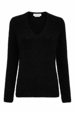 Neoma Knit V-Neck Sweater in Black Silk Cashmere