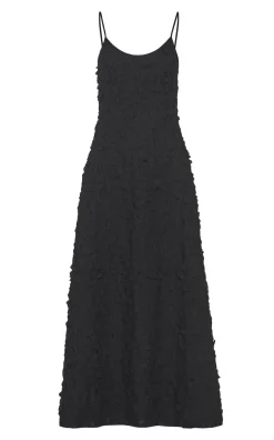 Nexus Embroidered Leaves Maxi Dress in Black Linen
