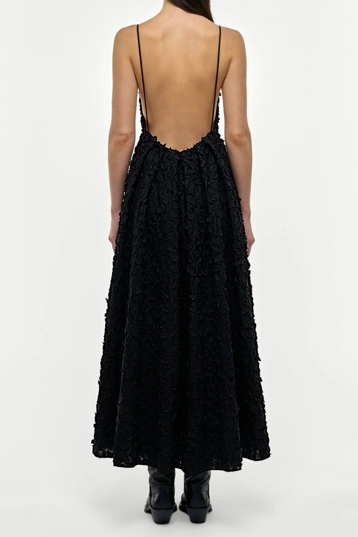 Nexus Embroidered Leaves Maxi Dress in Black Linen