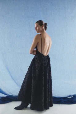 Nexus Embroidered Leaves Maxi Dress in Black Linen