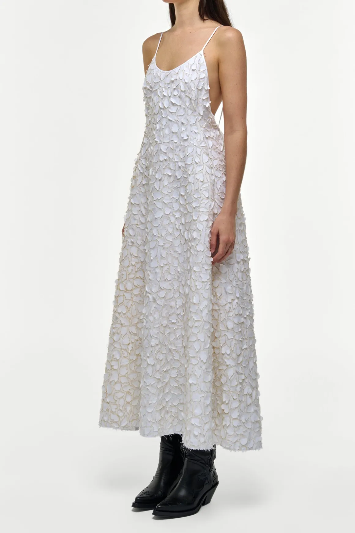 Nexus Embroidered Leaves Maxi Dress in Ivory Linen