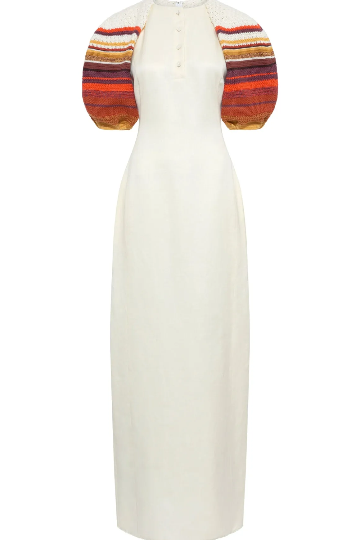 Nomo Crochet Puff Sleeve Maxi Dress in Ivory Textured Linen Twill